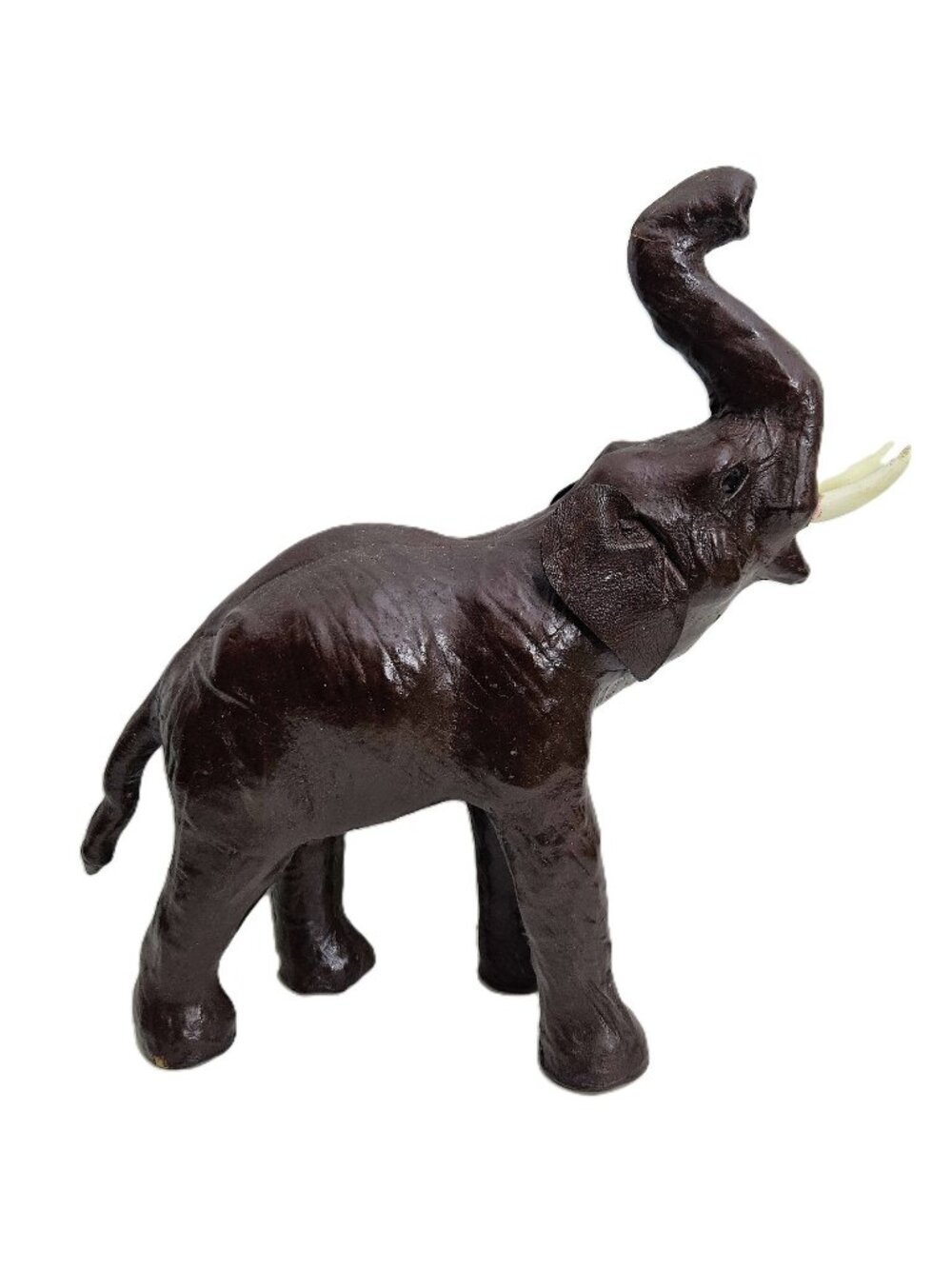 Vintage Leather Wrapped Elephant Sculpture 13" Dark Brown Raised Trunk